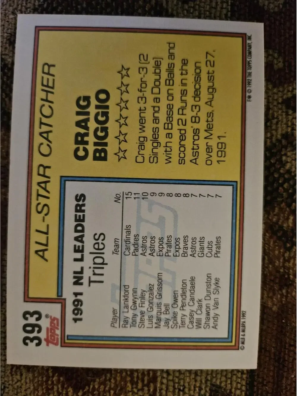 1992 Topps Baseball Card All-Star Craig Biggio #393 Houston Astros - Picture 2 of 2